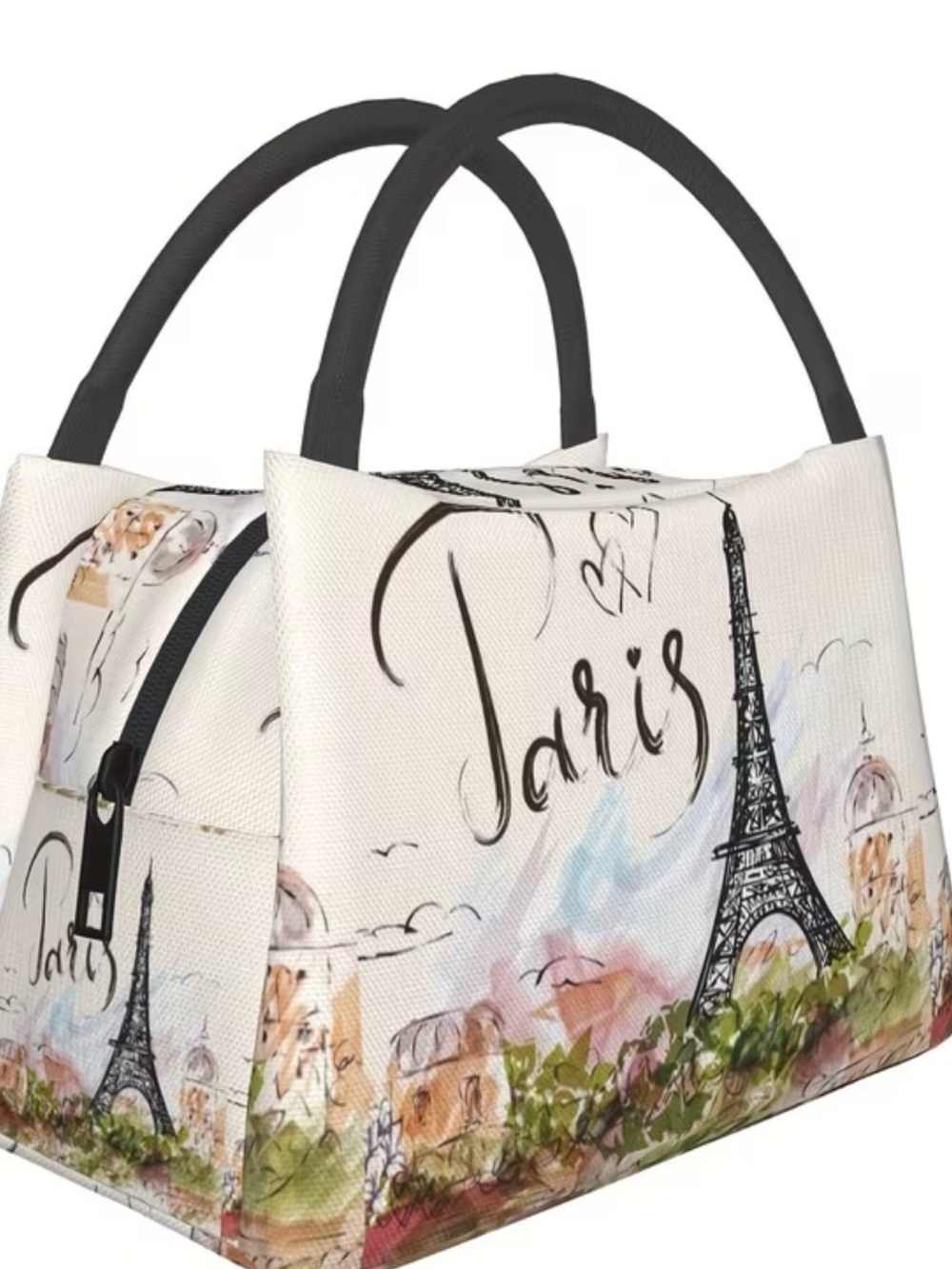 Stunning Paris Sketch Lunch Insulated Bag White & Black Handles